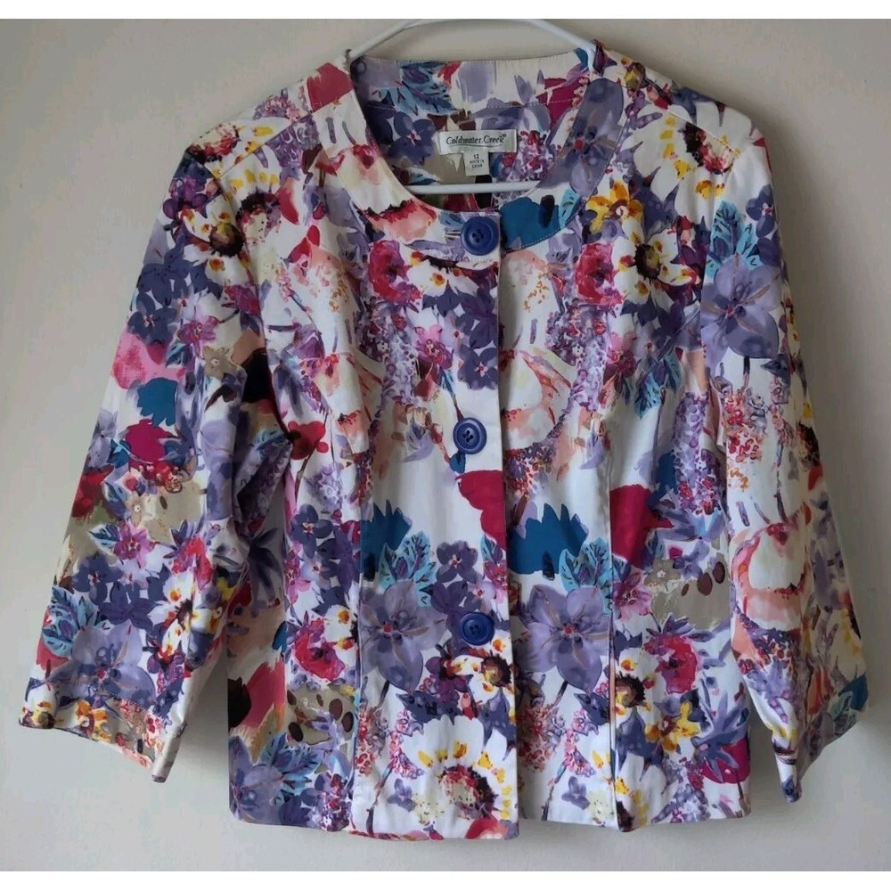 Coldwater Creek Womens 3/4 Sleeve Floral Print 3-Button Round Neck Jacket Sz 12